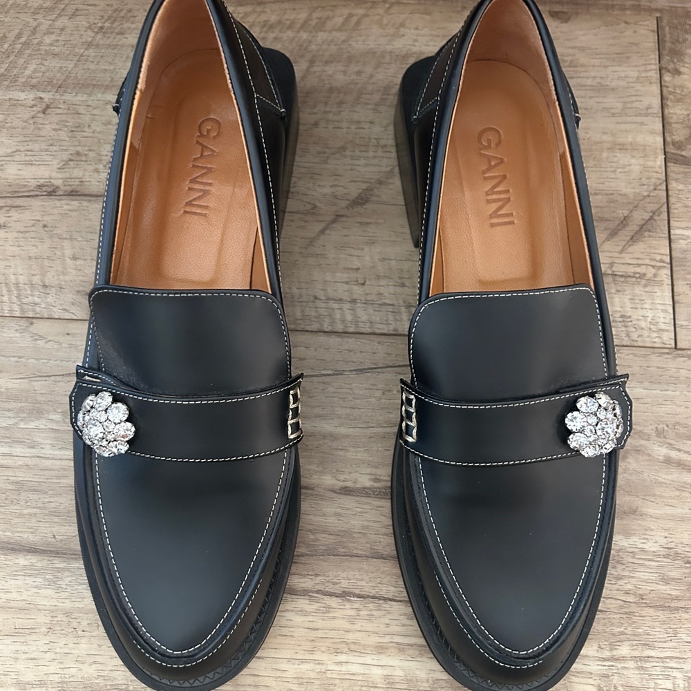 Ganni Black Loafers with Crystal Detail